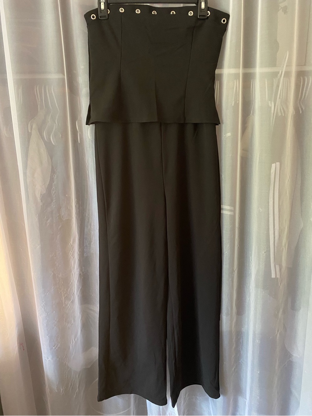 Derek Heart Strapless Wide-Leg Jumpsuit in Black with Grommet Detail